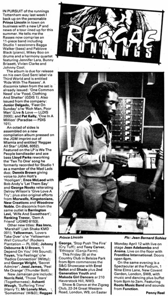Reggae Runnings, 10 April 1982