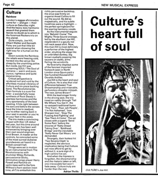 Culture at the Rainbow review in NME dated 31 March 1979