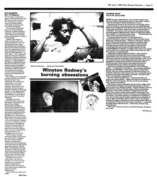 Burning Spear and Bad Manners in NME dated 19 April 1980...