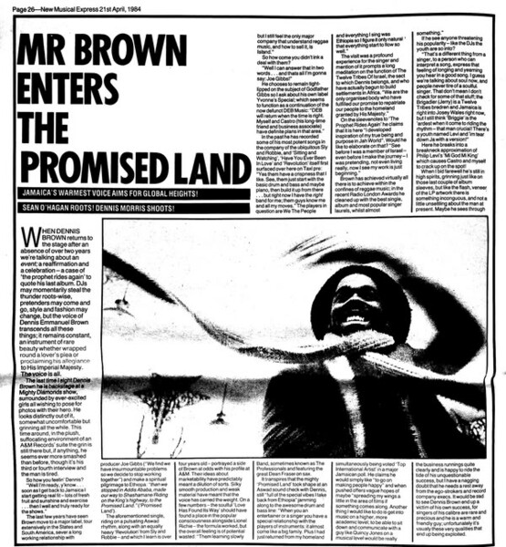 DENNIS BROWN featured in NME dated 21st April, 1984...