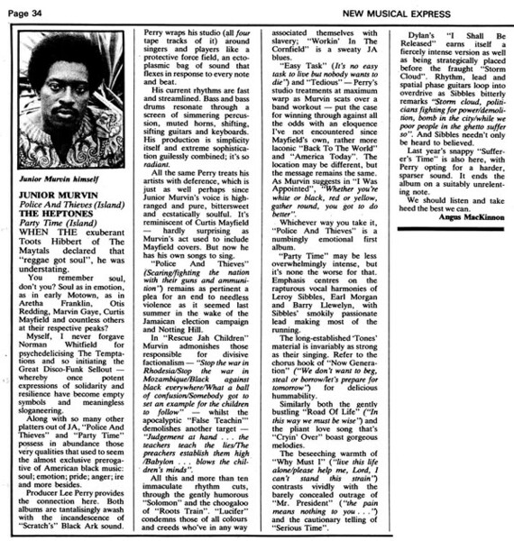 2 classic Lee Scratch Perry album productions reviewed in NME dated May 14th, 1977...