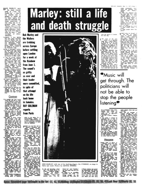 Bob Marley featured in Melody Maker dated May 21, 1977...