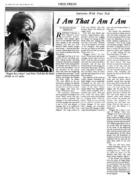 Peter Tosh featured in the Los Angeles Free Press dated May 20-May 26, 1977...