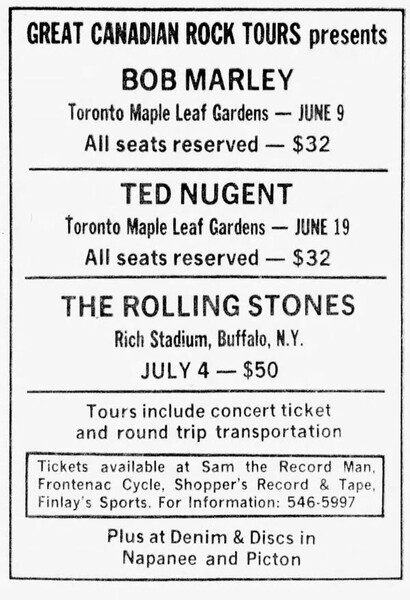Bob Marley advert in The Whig-Standard (Ontario, Canada) dated May 19, 1978...