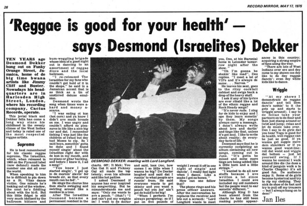 Desmond Dekker interview in Record Mirror dated May 17, 1975...