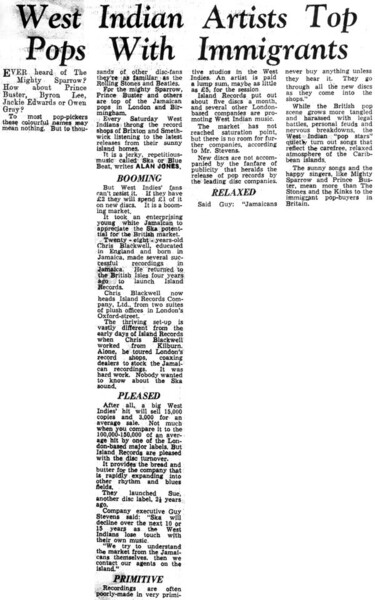 WEST INDIAN ARTISTS TOP POPS WITH IMMIGRANTS article in the Lincolnshire Echo dated 24 May 1966...