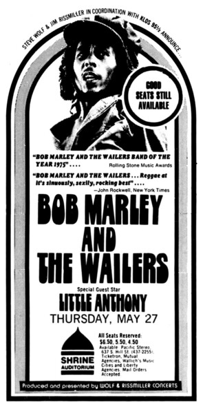 Bob Marley advert in the Los Angeles Times dated May 23, 1976...
