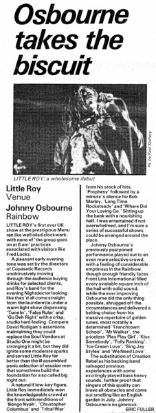 Little Roy and Johnny Osbourne gig reviews in Sounds dated May 30, 1981...