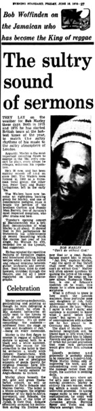 50 years ago today - Bob Marley article in the London Evening Standard dated June 18, 1976...