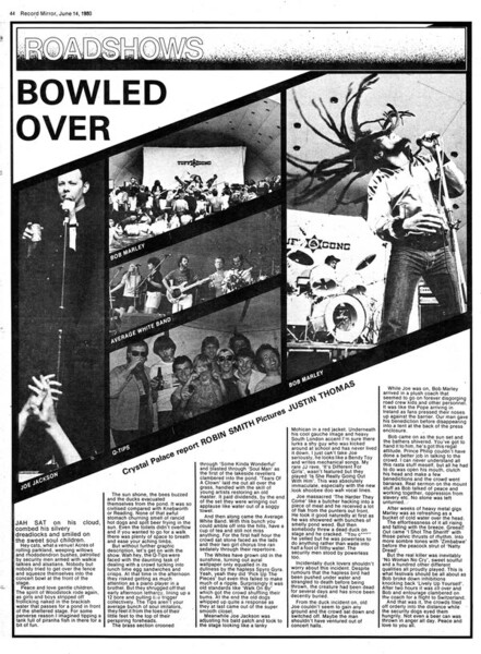 Bob Marley concert at the Crystal Palace Concert Bowl reviewed in Record Mirror dated June 14, 1980...