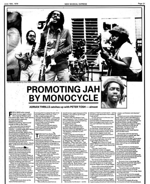 Peter Tosh featured in NME dated June 16th, 1979...