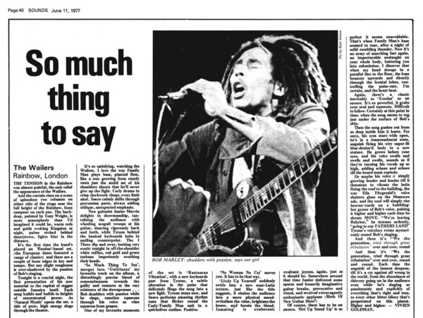 Bob Marley Rainbow review appeared in Sounds dated June 11, 1977...