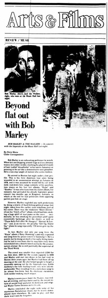 Bob Marley concert reviewed in the Boston Evening Globe dated 9 June 1978...