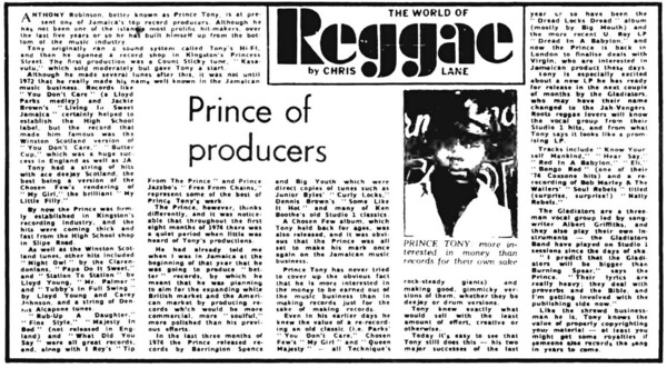 Chris Lane article about producer PRINCE TONY in Melody Maker dated July 3, 1976...