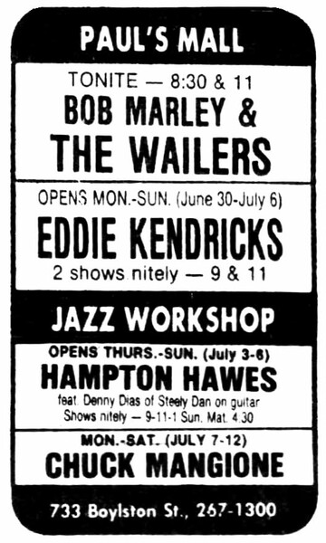 Bob Marley advert in the Boston Sunday Globe dated June 29, 1975...
