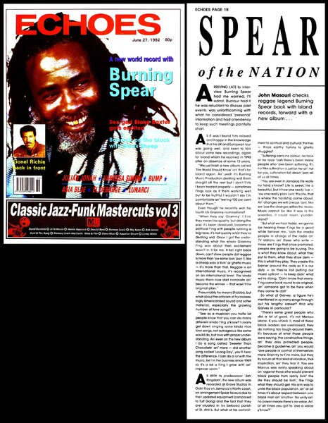 BURNING SPEAR on the cover of ECHOES dated June 27, 1992...