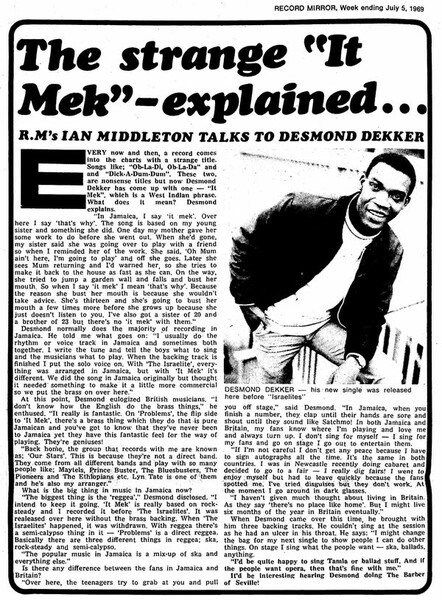 DESMOND DEKKER interview in Record Mirror dated Week ending July 5, 1969...