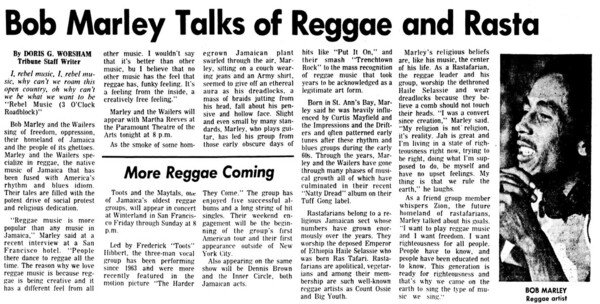 Bob Marley featured in the Oakland Tribune (California) dated July 8, 1975...