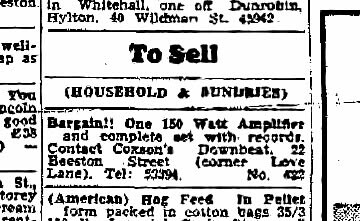 Coxsone "Downbeat" Dodd selling his 150 Watt Amplifier set and records in The Daily Gleaner dated August 31, 1959...