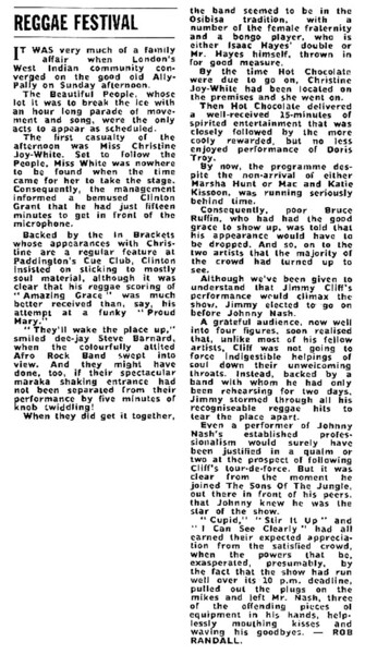 REGGAE FESTIVAL review published in Melody Maker dated August 26, 1972...