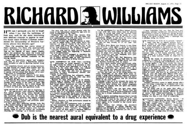 Richard Williams discusses DUB in Melody Maker dated August 21, 1976...