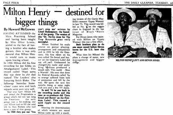 Milton Henry featured in The Daily Gleaner dated August 17, 1976...