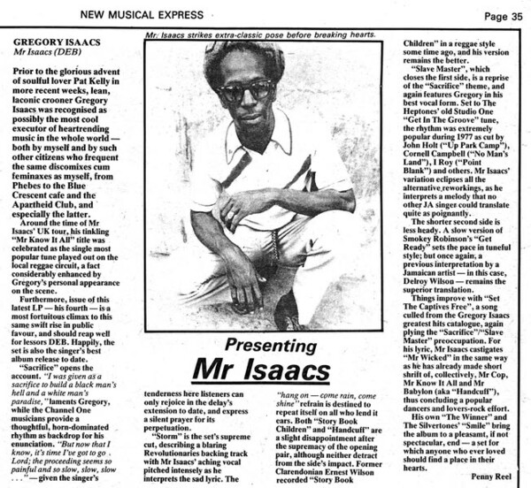 GREGORY ISAACS album review published in NME dated August 12, 1978...
