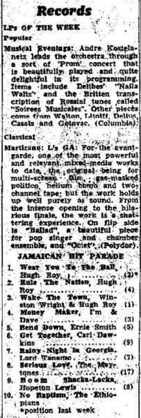 U-Roy at number 1, 2 and 3 in the Jamaican Hit Parade - The Sunday Gleaner, August 9, 1970...