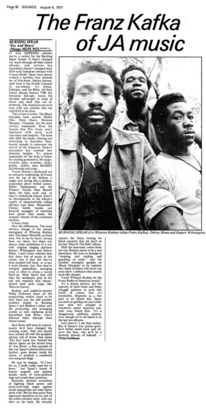 Burning Spear album reviewed in Sounds dated August 6, 1977...