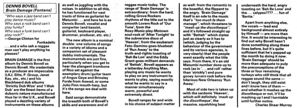 Dennis Bovell album review in NME dated 25th July, 1981...