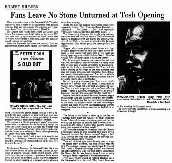 Peter Tosh - Los Angeles Times dated July 22, 1978...