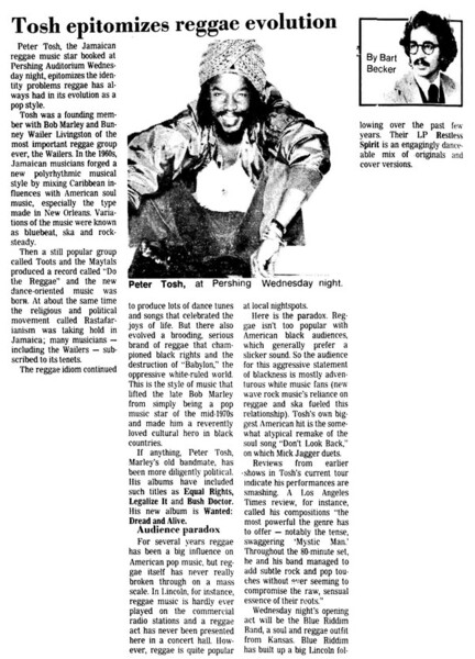 Peter Tosh - Sunday Journal and Star, Lincoln, Nebraska - 6th September 1981...