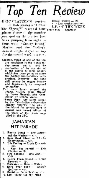 JAMAICAN HIT PARADE - The Daily Gleaner, September 16, 1974...