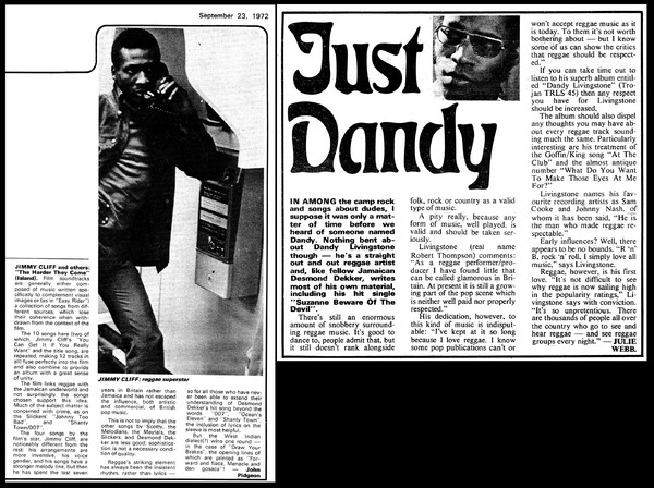 THE HARDER THEY COME album review and short Dandy Livingstone interview in NME - September 23, 1972...