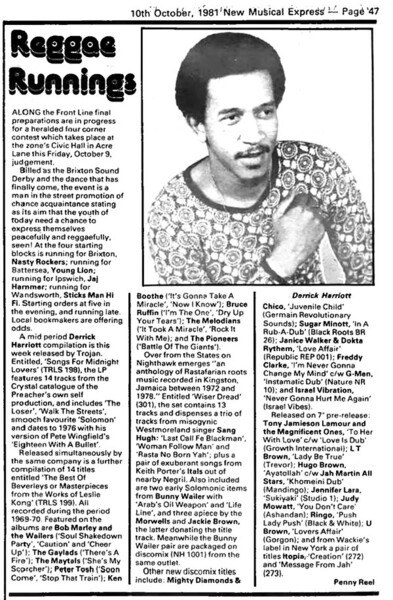 REGGAE RUNNINGS in NME dated 10th October, 1981...