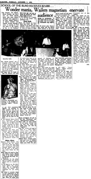 The "Dream Concert" with Third World, The Wailers and Stevie Wonder reviewed in The Daily Gleaner dated October 7, 1975...