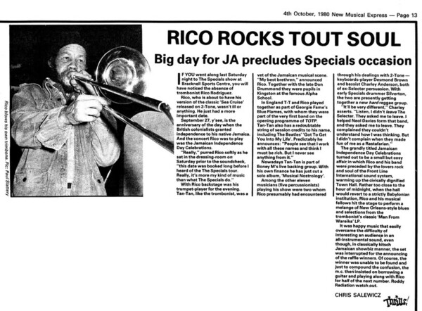 Rico skips The Specials show to play solo gig - NME, 4th October 1980...