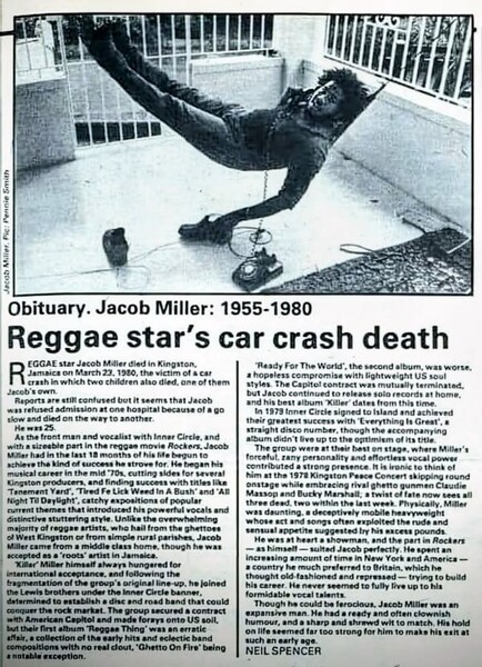 An article about Jacob Miller's death